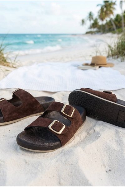 proMAS Home Outdoor Anatomical Sole Comfortable Double Buckle Women's Suede Slippers 3cm