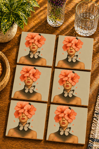 JHAAR Flower Crown and Butterfly Woman Illustration Modern Set of 6 Coasters ...