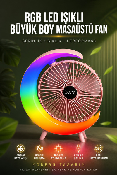 Zineets RGB Işıklı Fan Şarjlı Vantilatör Büyük Boy Masaüstü Fan Taşınabilir 3...
