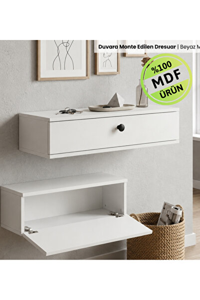 ENG AHŞAP Duvara Monte Dresuar 60x25x20 cm | Beyaz MDF | Kapaklı Asma Konsol ...