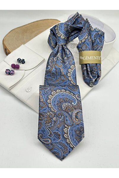 Gutiero Classic Tie with Blue Paisley Patterned Handkerchief