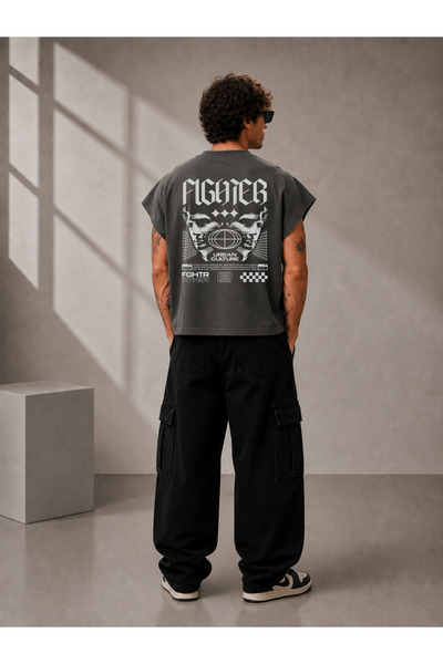 EVIus Tricou FIGHTER cu imprimeu, supradimensionat, croială boxy, fără mâneci...