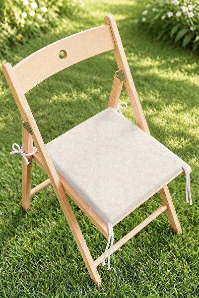 Home Krem Damask Desenli Fermuarlı Sandalye Minderi - Sade Klasik Dekoratif S...