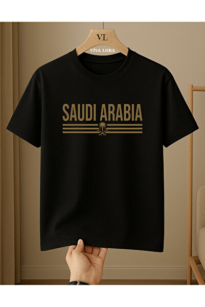 VİVA LORA Saudi Arabia Striped Print 100% Cotton Crewneck Regular Unisex T-Shirt