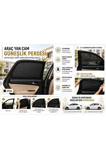ikican Audi A3 Sedan 2013 ve Sonrası Model Uyumlu 2Li Yan Cam Güneşlik Perde ...