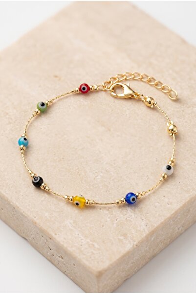 Mijja 7 Mini Glass Colorful Evil Eye Beads Detailed Gold Chain Lacquer Plated...