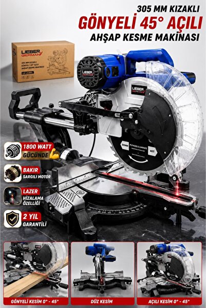 Lieber German İBELTECH 305MM Kızaklı Açılı Lazer Hizalamalı Gönye Kesme Makinesi