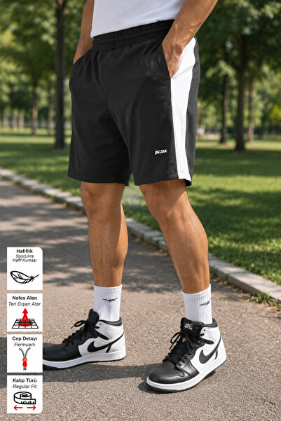 BESSA Black and White Men's Shorts with Zipper Pockets, Lightweight Fabric, S...