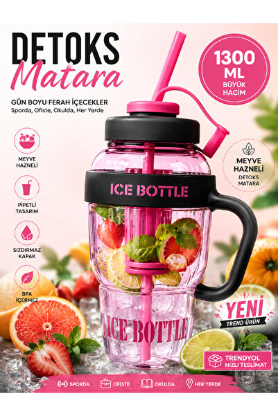 ibrahimdip 1300 ML Büyük Boy Pipetli Suluk Detoks Matara Spor Okul Ofis İçin
