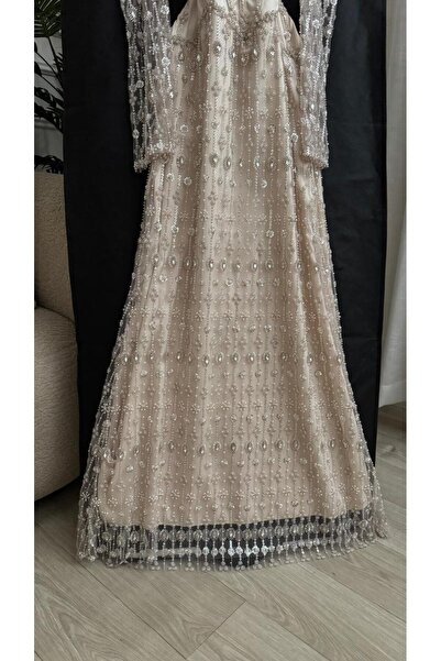 FASHION Classic Cream Color Evening Dress Sparkly Beaded Sequins Transparent ...