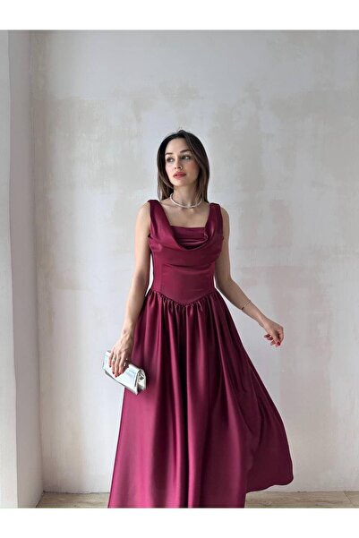 ALPŞAN TİCARET Burgundy Thick Strap Draped Satin/Crepe Midi Evening Dress