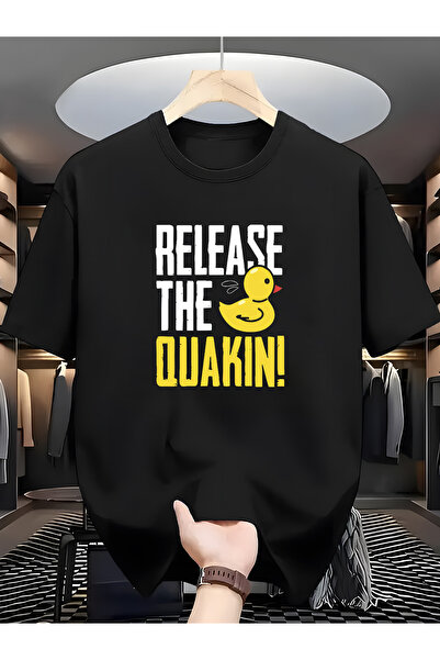 2mcup تي شيرت كاجوال أسود اللون 'RELEASE THE QUAKIN!' تصميم بطة مطاطية صفراء ...