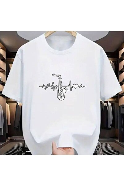212Wear تي شيرت رجالي كاجوال برقبة دائرية بتصميم قلب على شكل نوتة ساكسفون، مث...