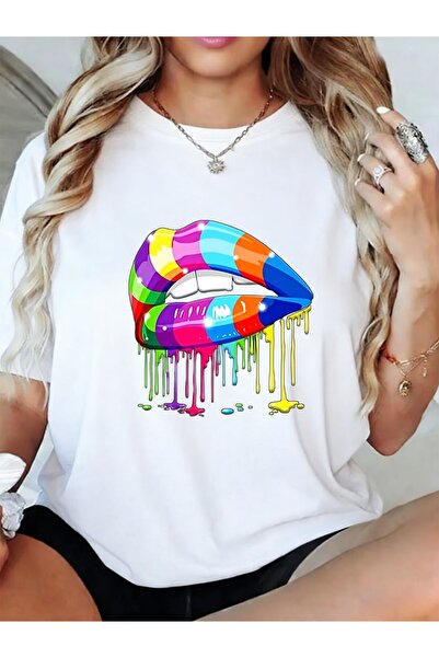 2mcup Wo And Unisex White Dripping Paint Lip Print T Shirt Vibrant Multicolor...