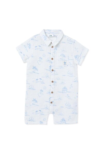 MOTHERCARE Erkek Bebek Kısa Tulum Palmiye Baskılı Düğmeli Gömlek Yaka Kısa Ko...
