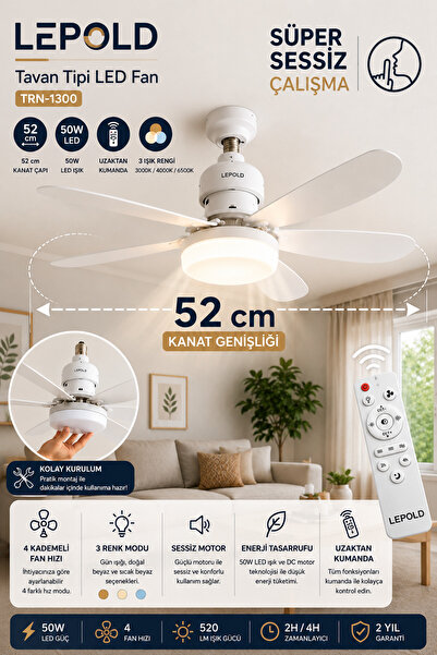 LePold LED Işıklı Uzaktan Kumandalı Tavan Vantilatörü 6 Kanatlı 50W 52cm