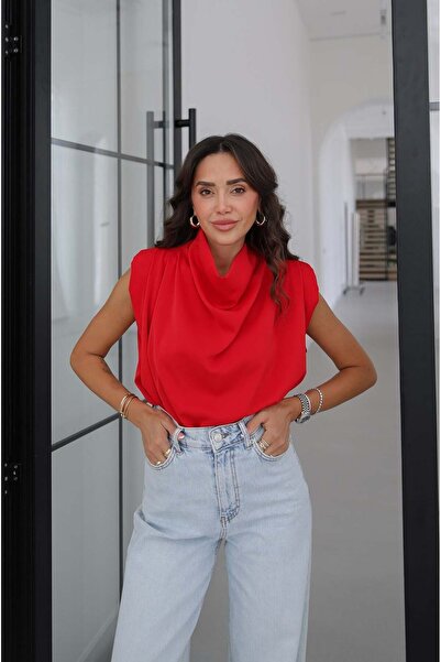 Havoş Red Draped Blouse with Draped Collar