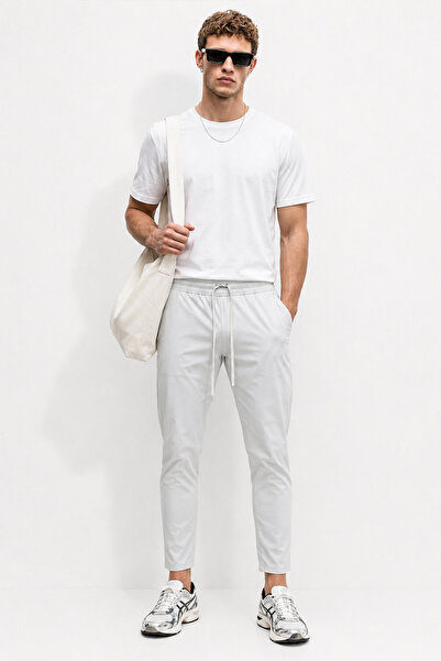 VENA Men's Alfred Elastic Waist Striped Summer Gabardine Trousers - Stone