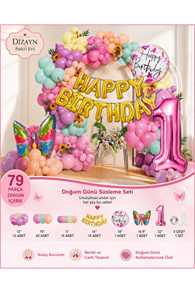 Dizayn Parti Evi 79 Parça Kelebek Temalı Doğum Günü Süsleme Seti Pastel Pembe...