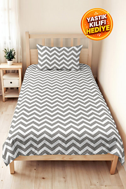 Evimde Bambaşka Gray Zigzag Geometric Youth Room Single Pique Set-Modern Whit...
