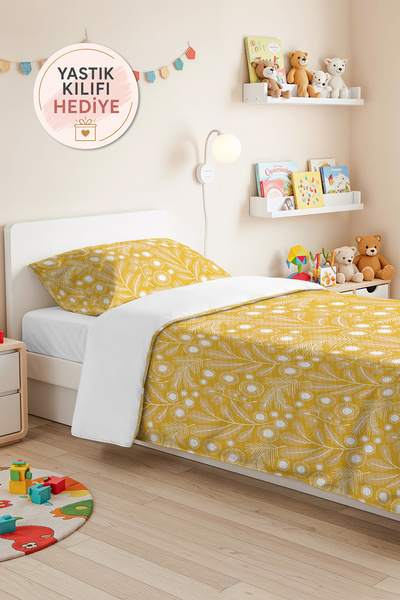 Evimde Bambaşka Set de lenjerie de pat cu flori galbene, cu design botanic, p...