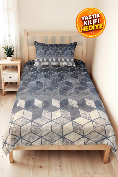 Evimde Bambaşka Gray Geometric Modern Single Pique Set - Anthracite Beige Cub...