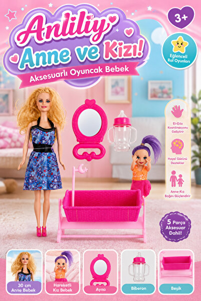 craftivio Anlily Anne ve Kız Oyuncak Bebek Seti 30 cm - 5 Parça Aksesuarlı Be...