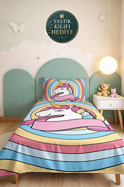 Evimde Bambaşka Unicorn Gökkuşağı Pembe Kız Çocuk Pike Takımı - Pastel Mavi S...