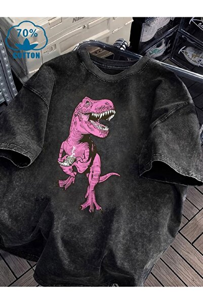 Touz Moda Dinosaur Printed Washable Vintage Unisex Oversize T-Shirt
