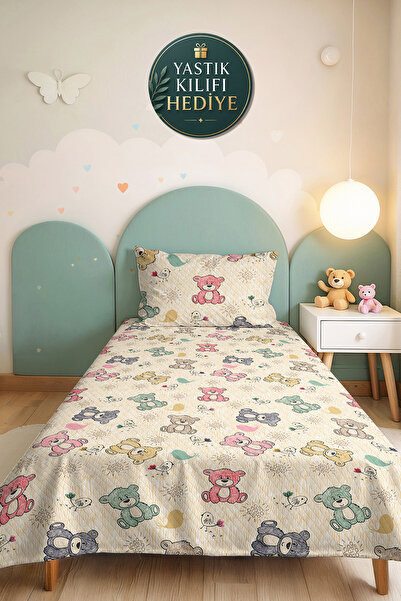 Evimde Bambaşka Teddy Bear Pastel Cream Children's Room Single Pique Set - Li...