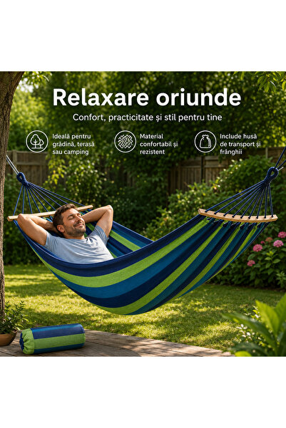 OEM Hamac camping pentru gradina si terasa, 200 x 100 cm, albastru