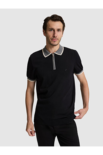 Cacharel Black Slim Fit Zippered Polo Collar Knitwear T-Shirt 50326034-Vr046