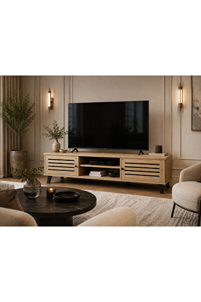 N.zone Modern Tv Cabinet with Luxurious Wooden Design, Storage Shelves and Si...