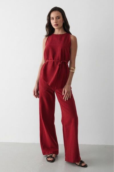 JASTE Women's Red Linen Crew Neck Vest and Belted Trousers Set