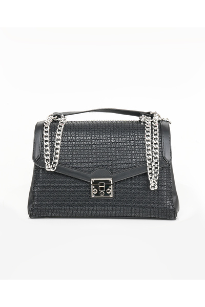 Finelook Textured Leather Handbag with Chain Strap & Lock Closure