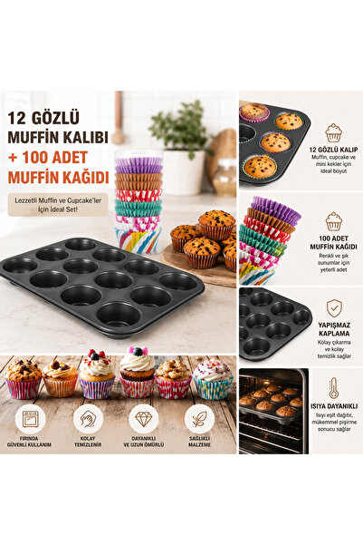 OWLORA 12 Bölmeli Yapışmaz Muffin Kalıbı ve 100’lü Muffin Kağıdı Seti