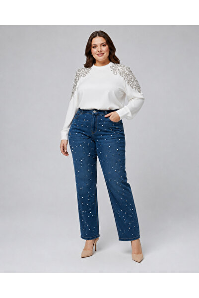 FİVA JEANS Plus Size Women's Pearl Detailed High Waist Comfortable Fit Wide L...