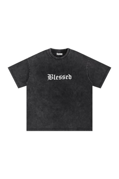 Violon Black Washed Blessed Graphic Printed Unisex Oversize T-Shirt