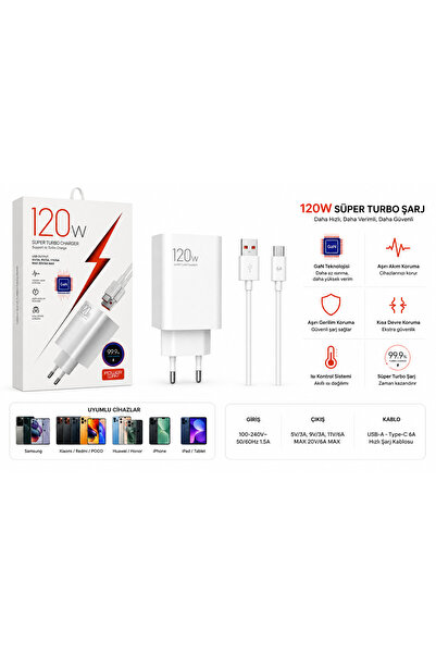 Power Way 120W GaN Hızlı Şarj Aleti Seti USB-A - Type-C 6A Kablo Dahil Süper Turbo Şarj Adaptörü