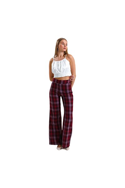 Sense Women's High-Waisted Plaid Wide-Leg Trousers – Classic & Chic, Claret Red