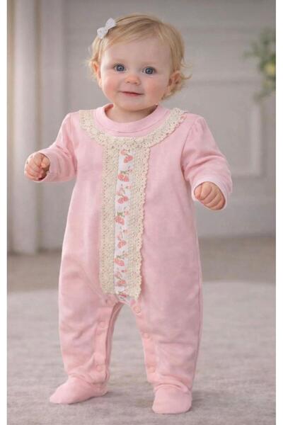 aykidsclup Ayidsclup Baby Girl Romper Floral Patterned Lace Detailed Snap Fas...