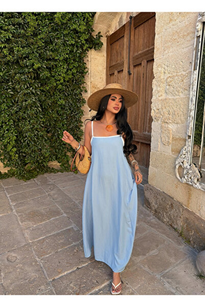 kırmızı butiks Blue Square Collar Piping Dress