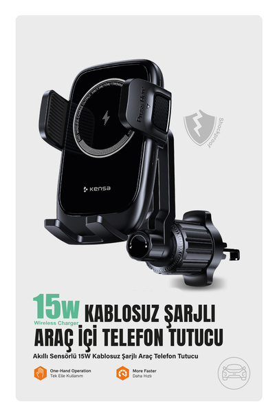 Kensa 15W Kablosuz Şarj Destekli Sensörlü 360° Ayarlanabilir Araç İçi Telefon...