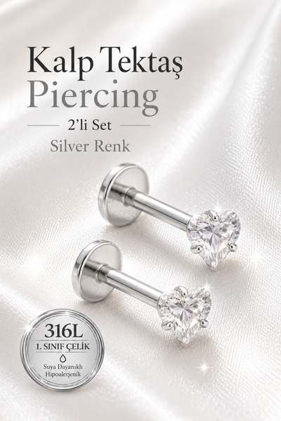 moonzy - minimalist & cozy 2’li Set Kalp Tektaş Piercing 316L Çelik Taşlı Hel...