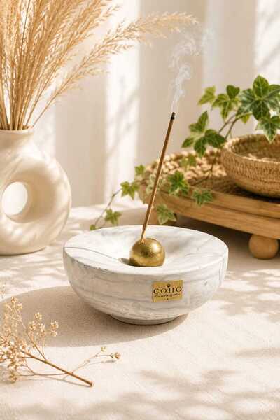 COHO Mermer Desenli Beton Tütsülük - Modern Minimalist Tütsü Yakma Kabı Gold