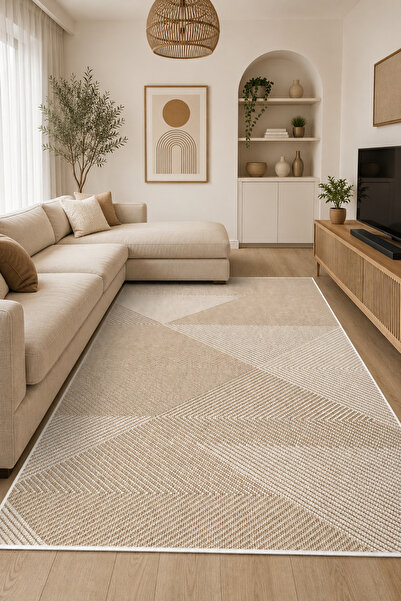 NORELLAHOME Modern Bej Geometrik Halı Kaymaz Taban Yıkanabilir Salon Halısı M...