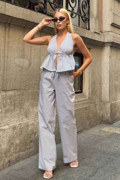 Zechka Striped Tie-Waist Wide-Leg Pants - Black/White-Black/White - L