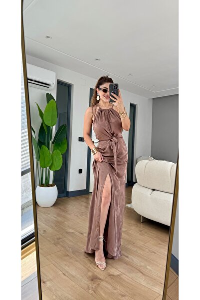 Yasmin Butik Önden bağlamalı yırtmaçlı uzun elbise