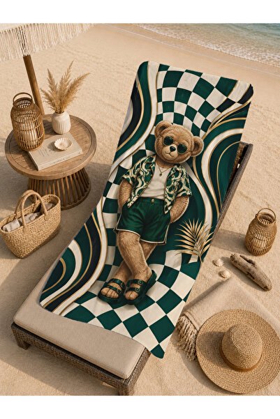 milroma Teddy Bear Green Checkered Tropical Patterned 70X150 Beach Towel