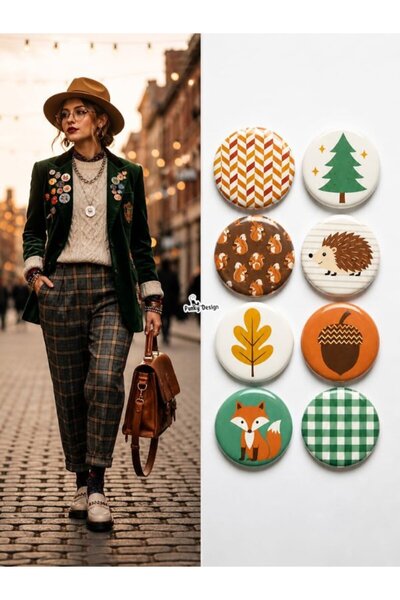 Punky Store 8'li Set-16 Sonbahar Temalı Punky Design Rozet Seti Tilki Kirpi M...